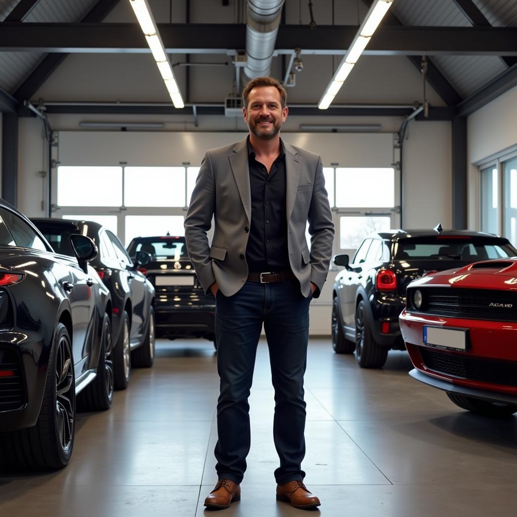 Haaland stands in his impressive garage, surrounded by his luxury car collection.