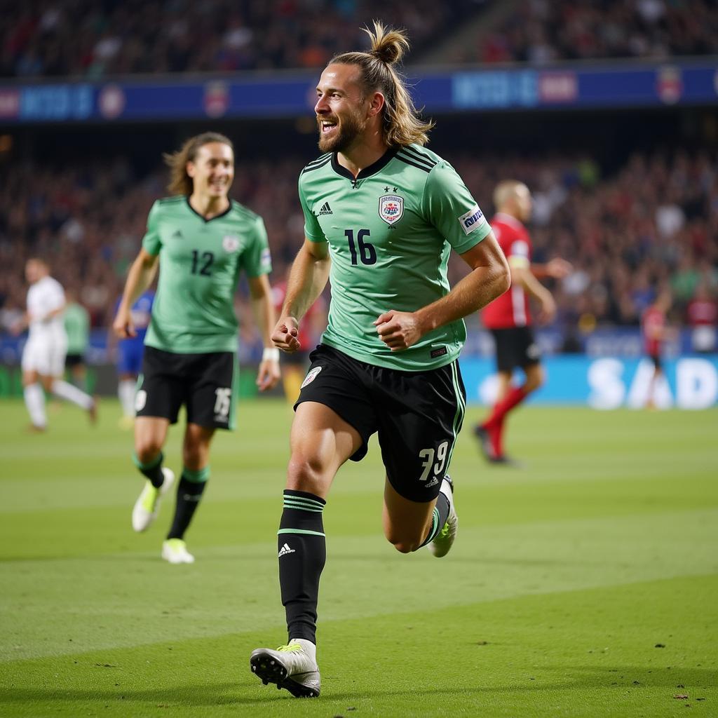 Erling Haaland celebrates a goal after outpacing a defender