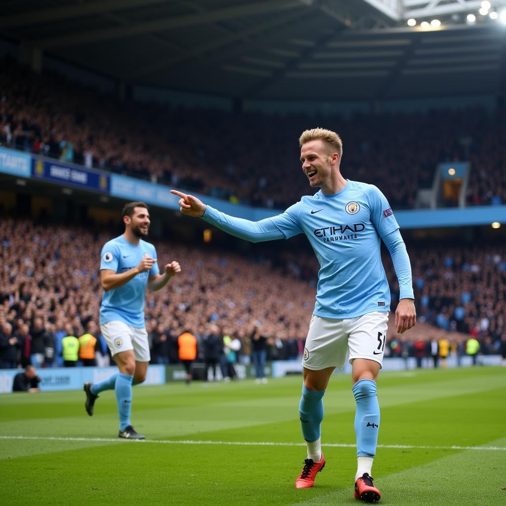 Haaland celebrates goal with Man City fans at Etihad Stadium