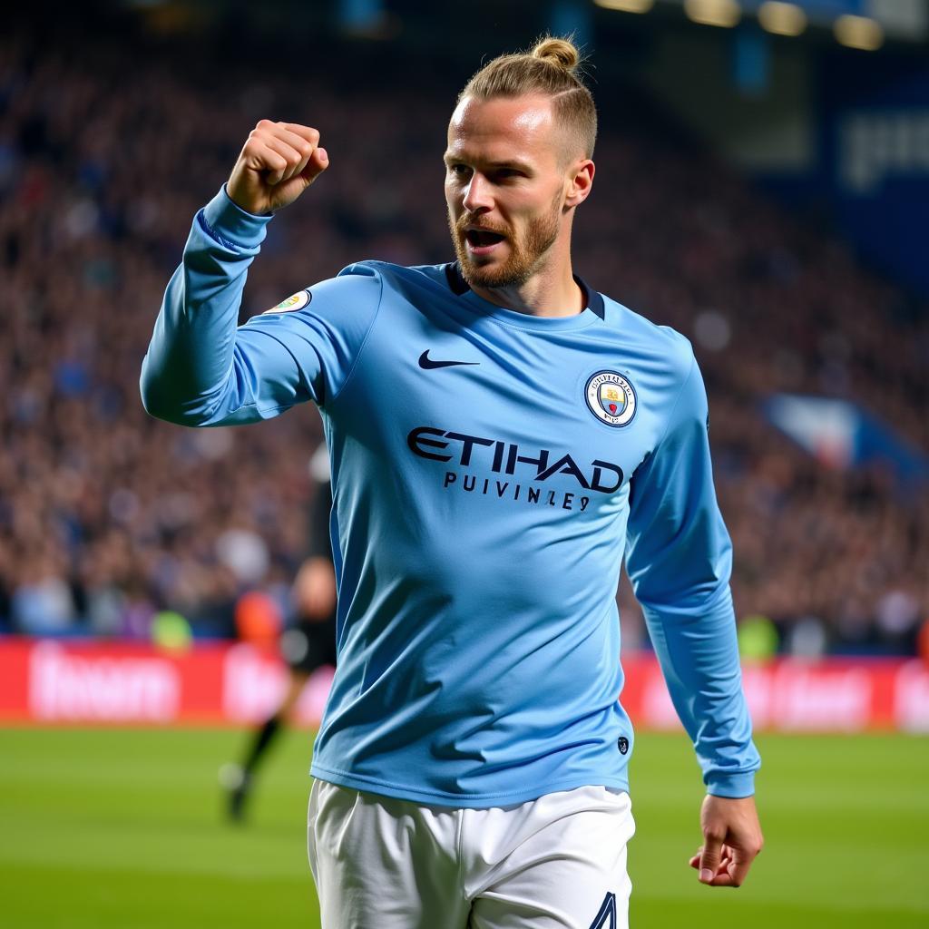 Erling Haaland celebrates a goal for Manchester City.