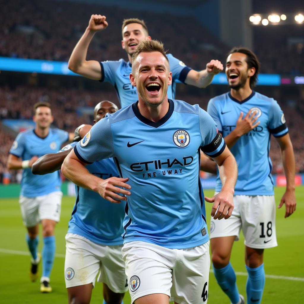 Haaland celebrates a goal with his Manchester City teammates.