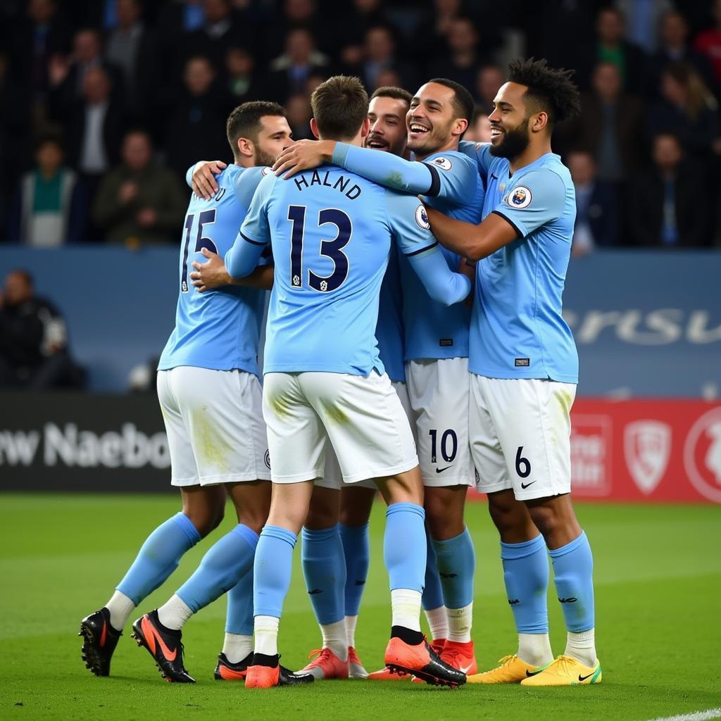 Haaland Celebrates with Manchester City Teammates