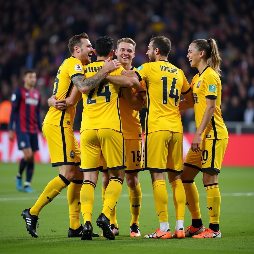 Haaland celebrating a goal with his teammates