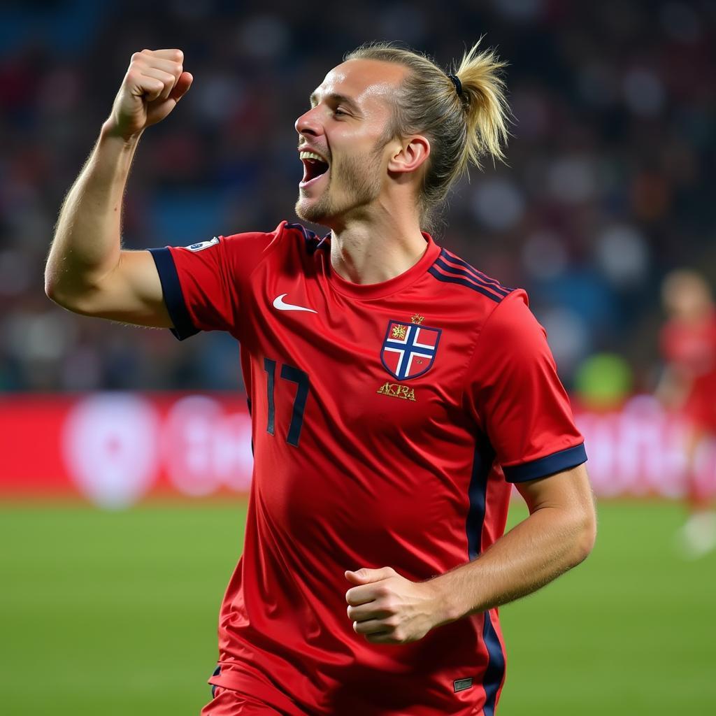 Haaland celebrating a goal while playing for Norway