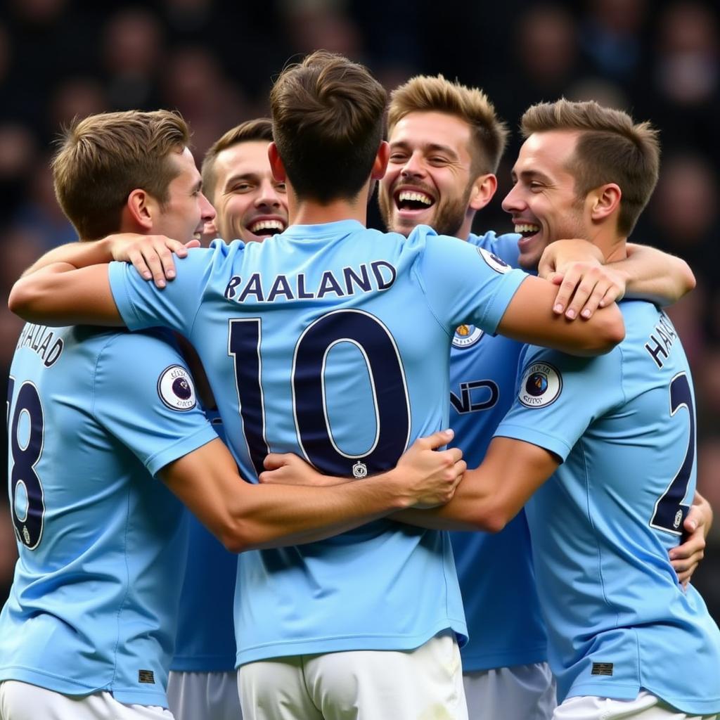 Erling Haaland celebrating a goal with his Manchester City teammates during the 22/23 season.