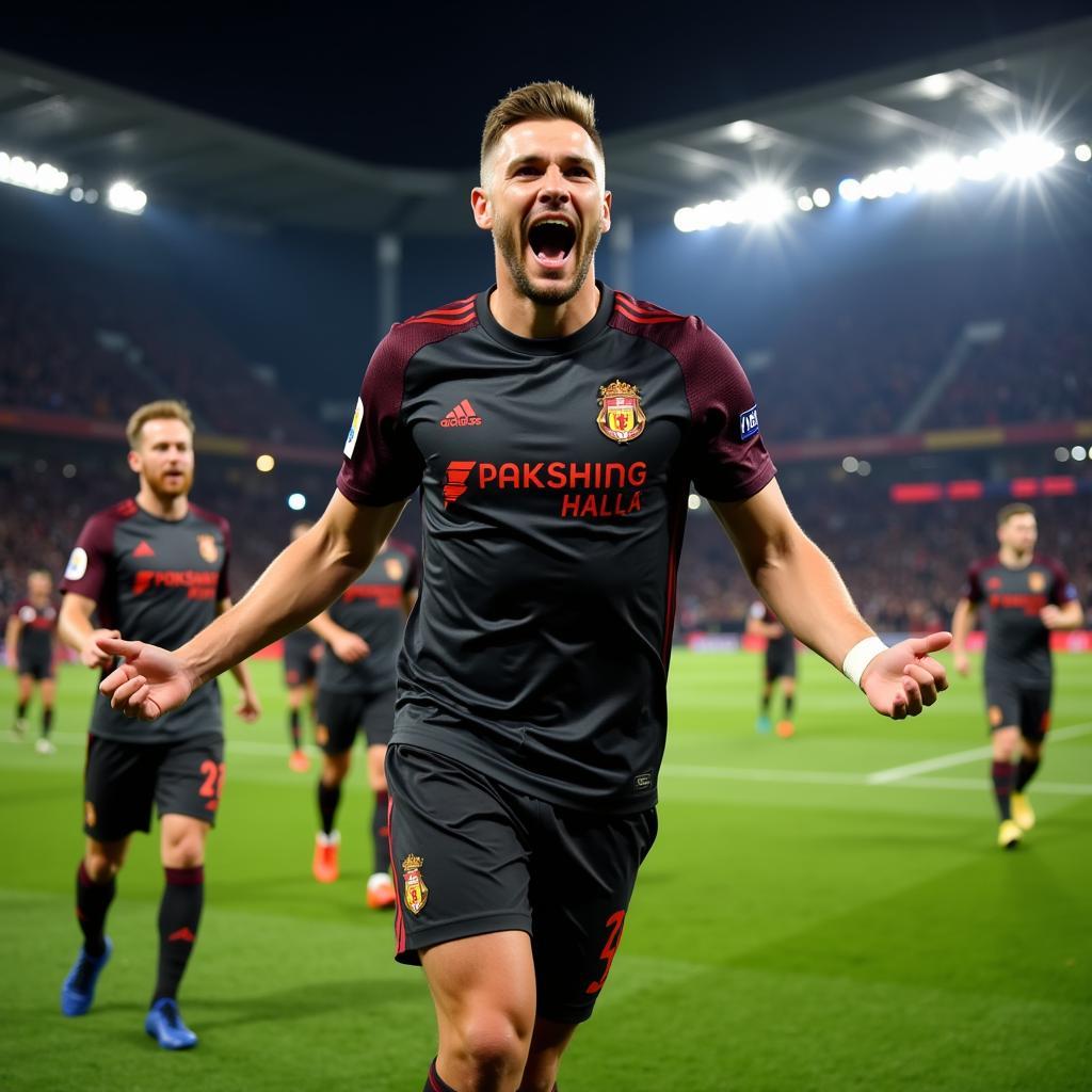 Haaland celebrating a Champions League goal in 2022