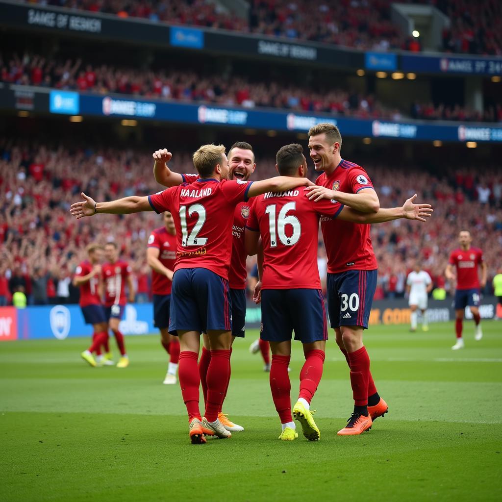 Haaland celebrating a goal with teammates