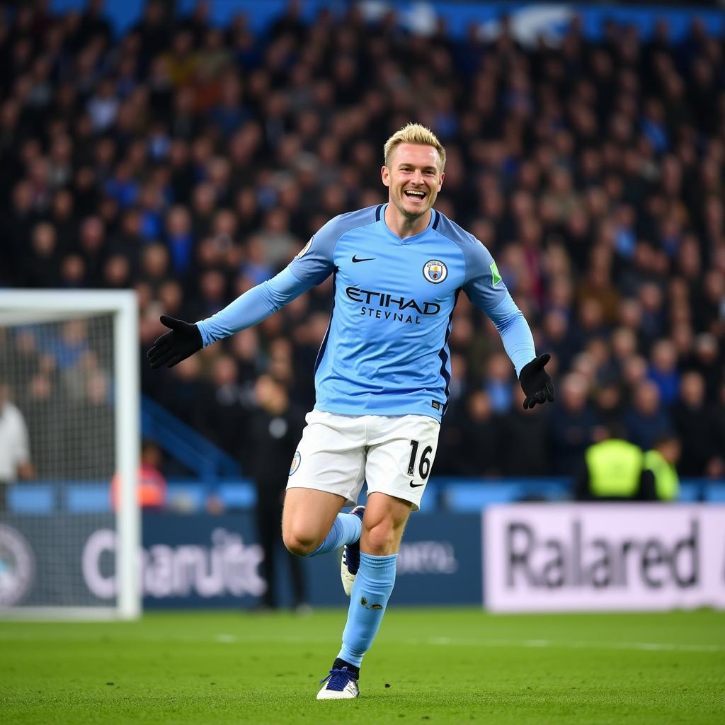 Haaland celebrating a goal at Etihad Stadium.