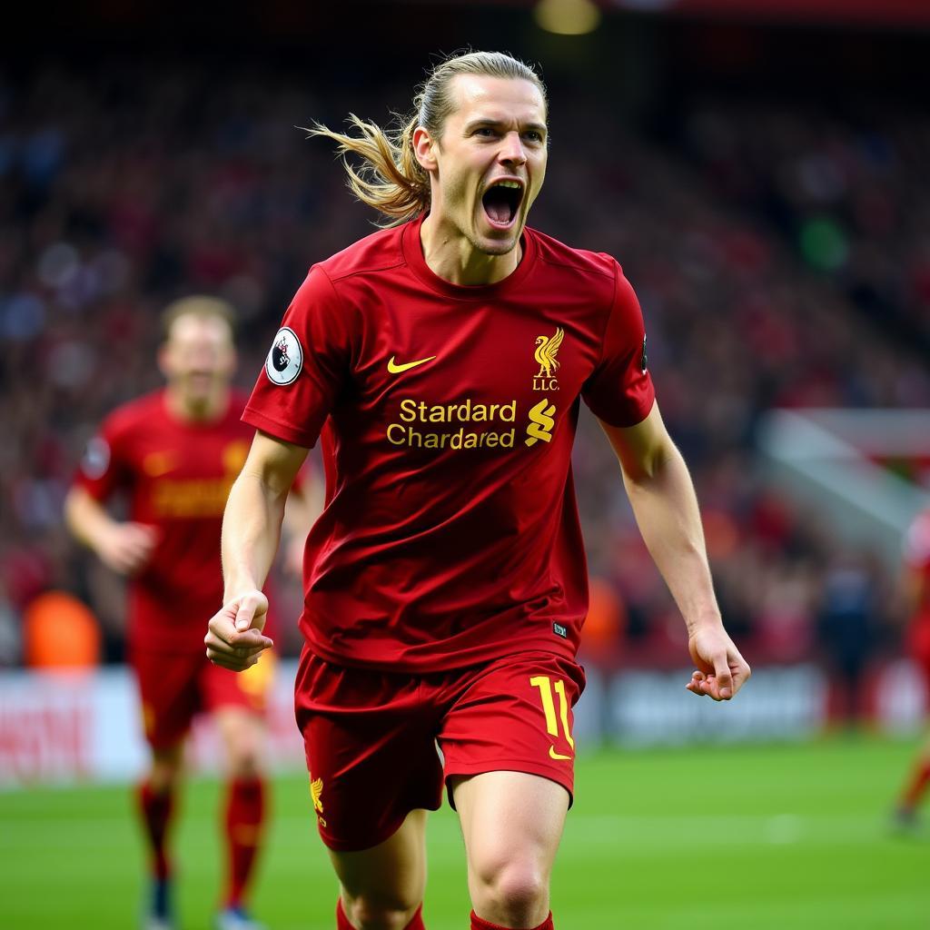 Haaland celebrates a goal against Liverpool