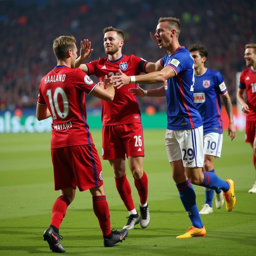 Erling Haaland celebrating a goal with teammates