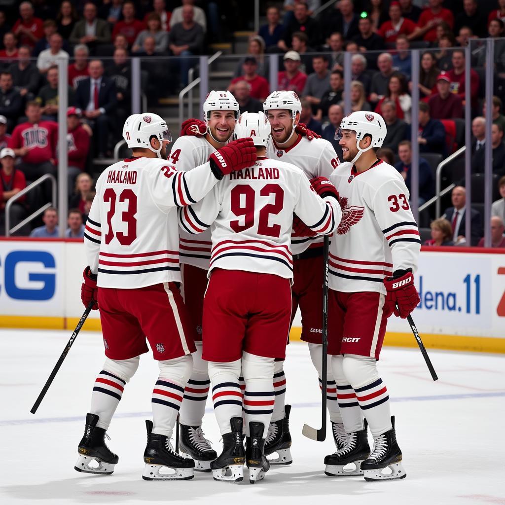 Haaland celebrating a goal with teammates