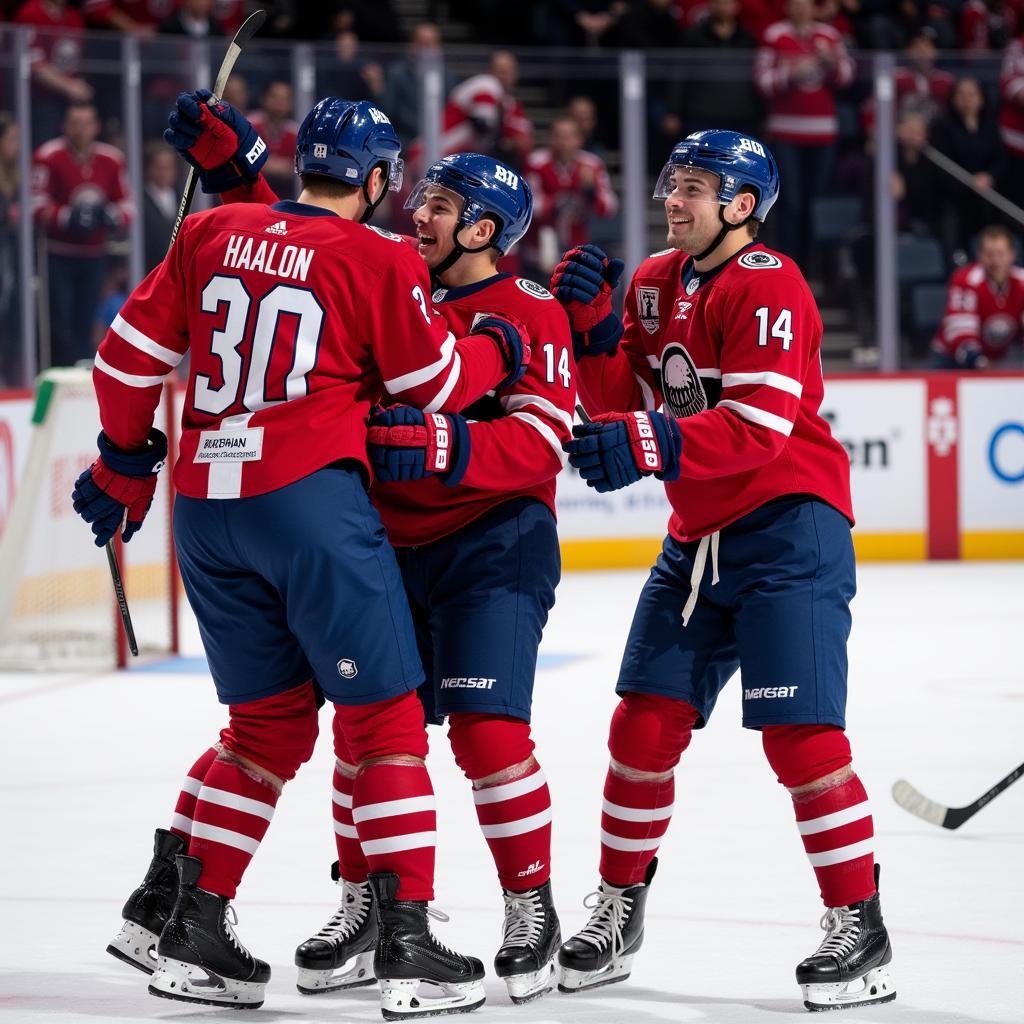 Haaland celebrating a goal with teammates.