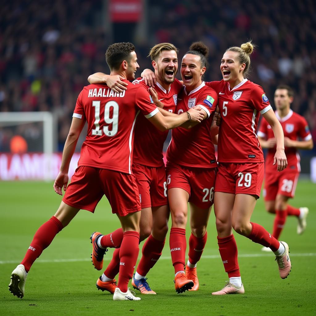 Erling Haaland celebrating a goal with teammates