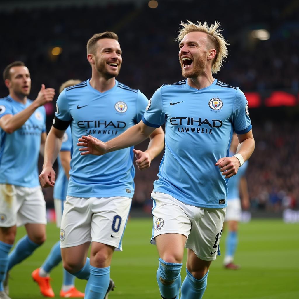 Haaland celebrating a goal against Liverpool at the Etihad Stadium