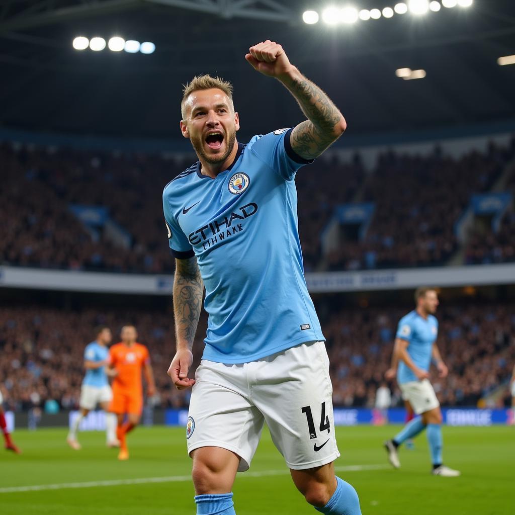 Haaland celebrating a goal against Wolves at the Etihad Stadium