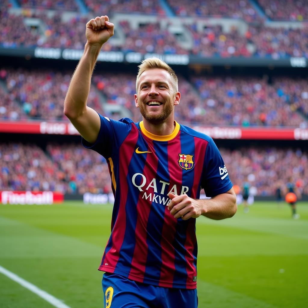 Haaland celebrating a goal at Camp Nou