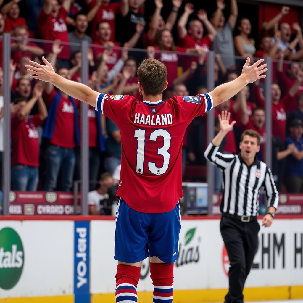 Haaland celebrating a goal with fans chanting in the background