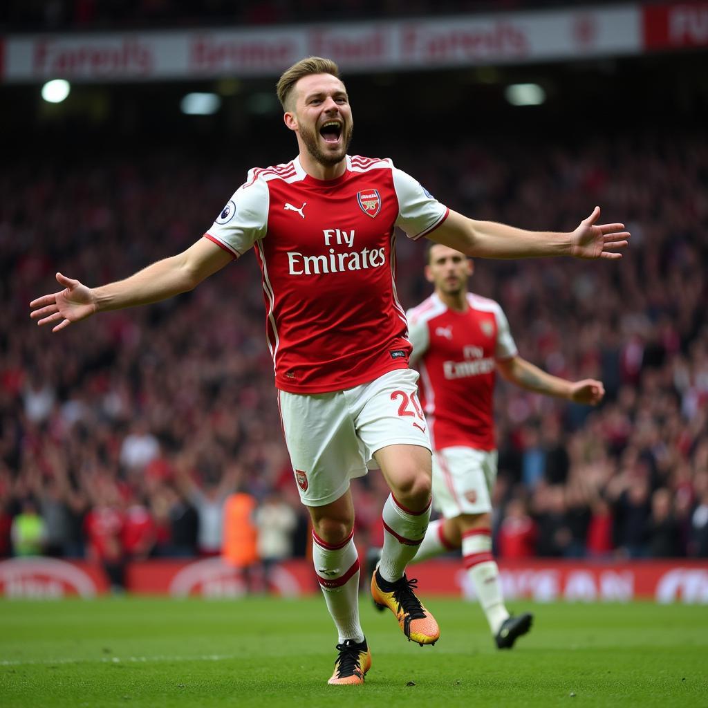 Haaland celebrates a goal while wearing an Arsenal jersey