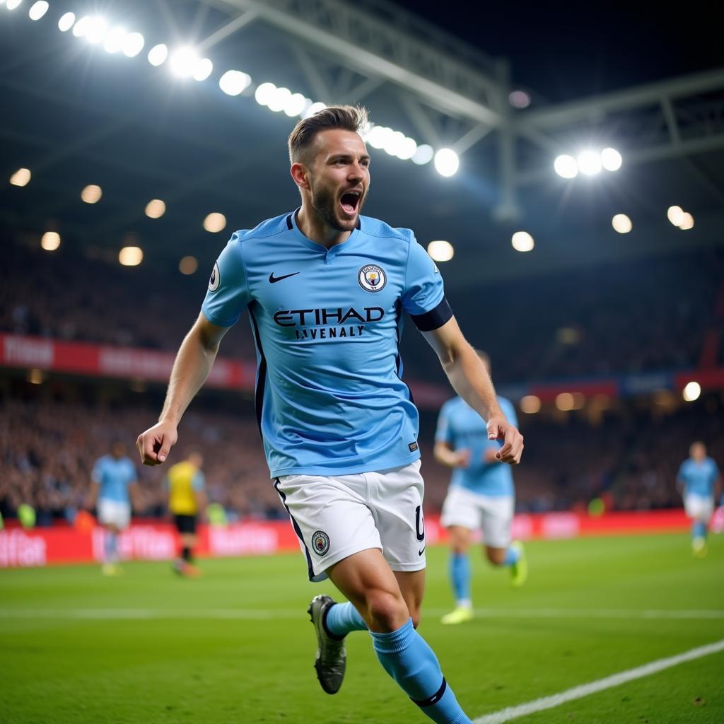 Haaland Celebrating a Goal in Manchester City Kit