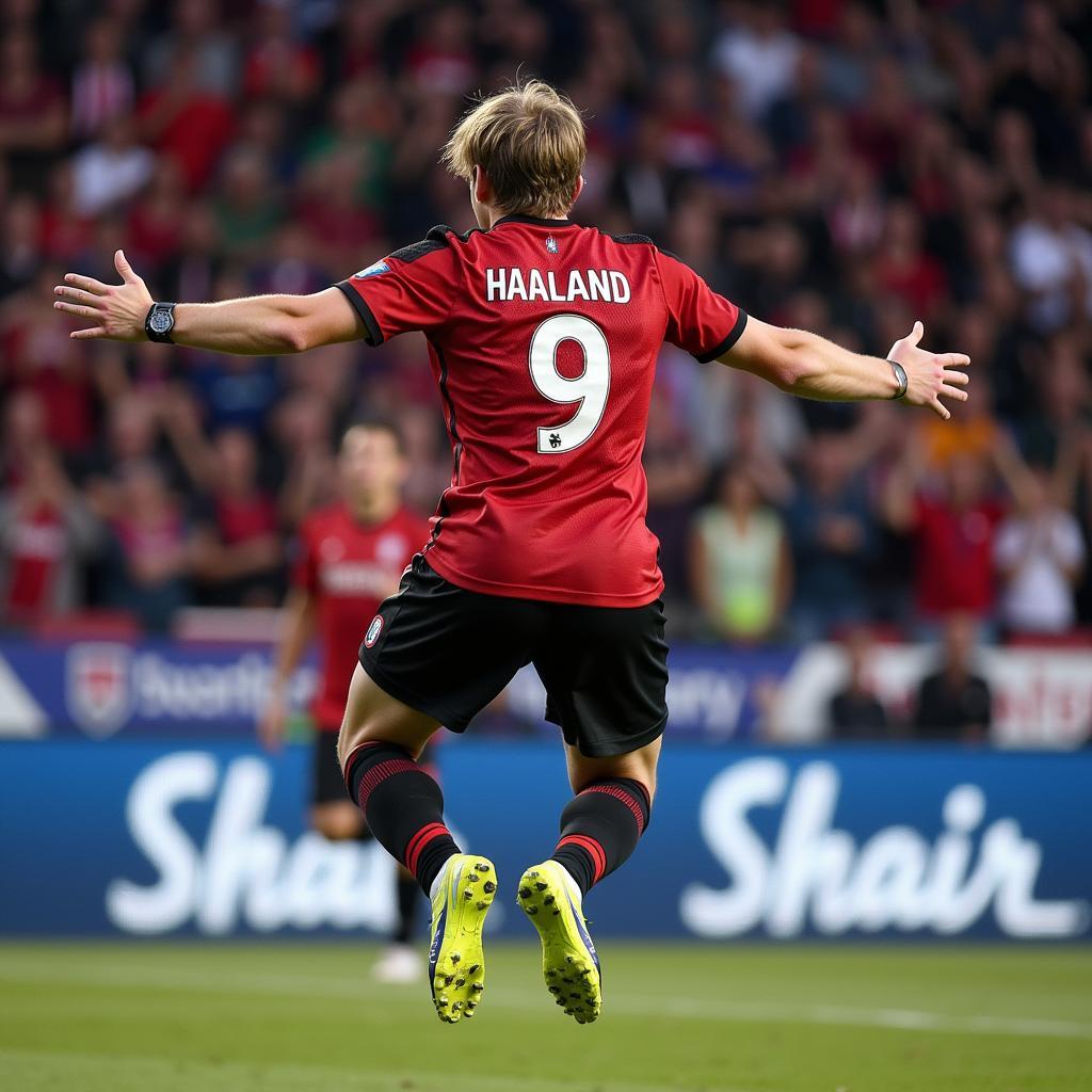 Erling Haaland celebrates a goal in his number 9 jersey.