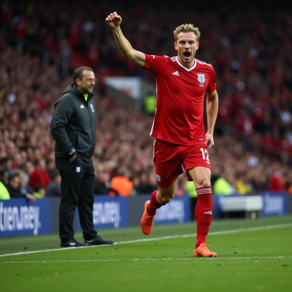 Haaland celebrating a goal with Klopp watching from the sidelines