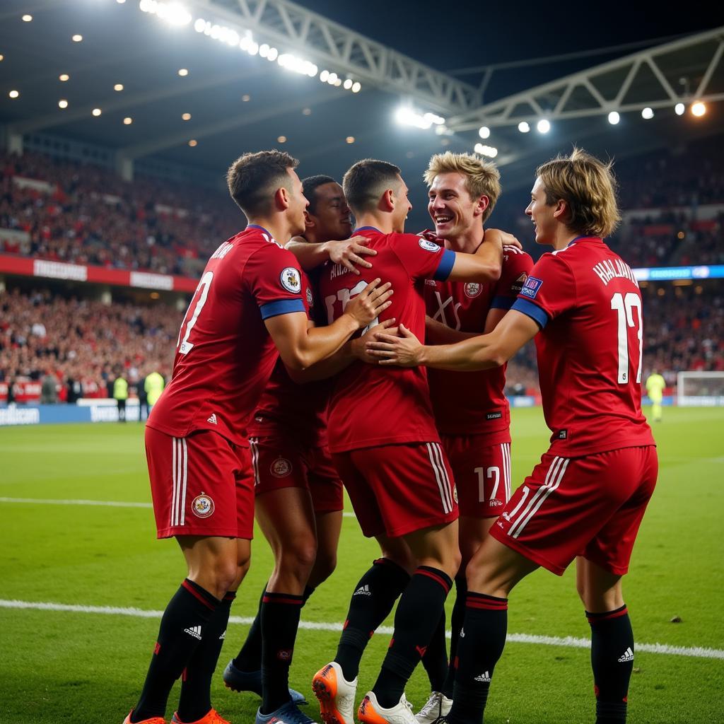 Haaland celebrates his goal with teammates last night