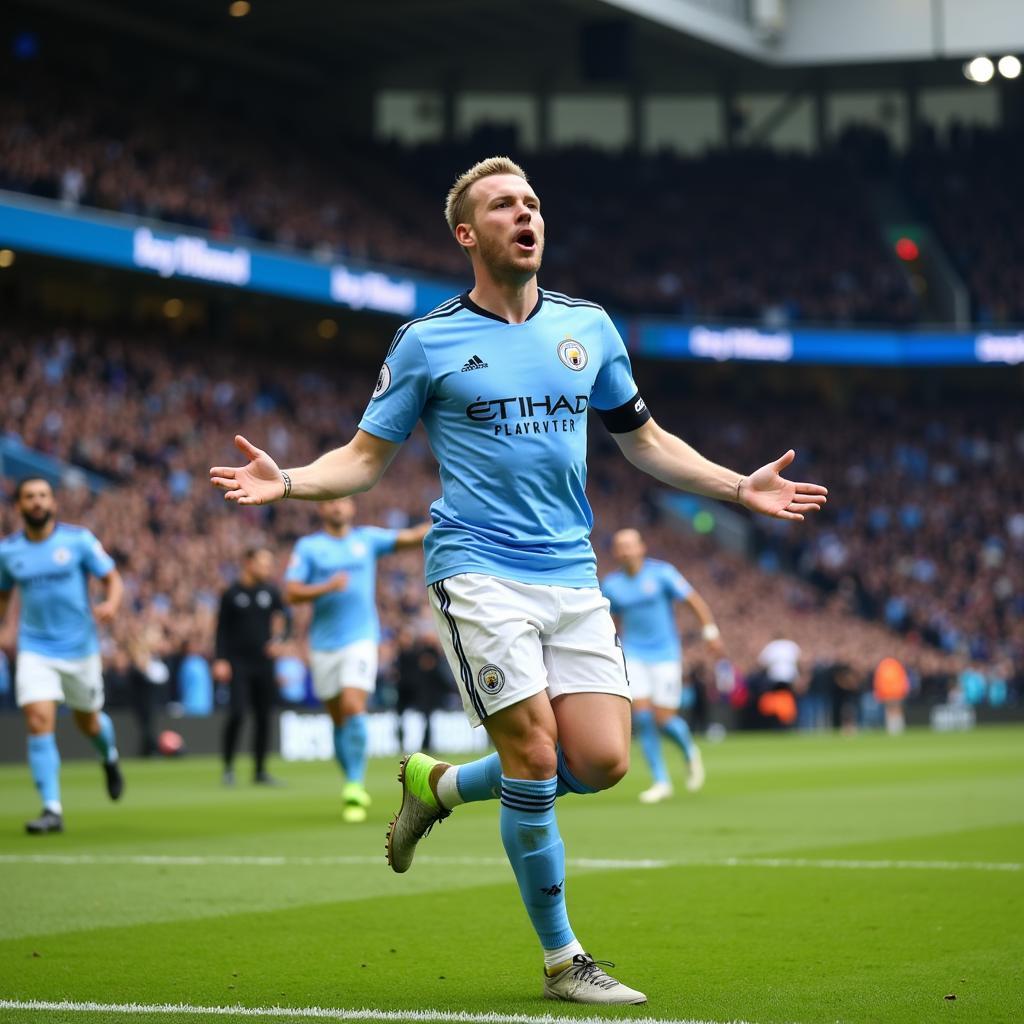 Erling Haaland Celebrates a Goal in a Manchester City Jersey