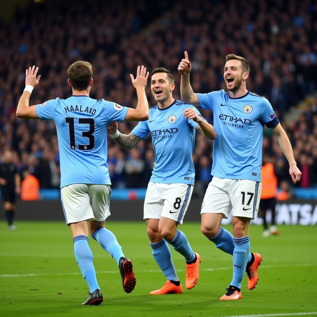 Haaland celebrates a goal with Manchester City teammates