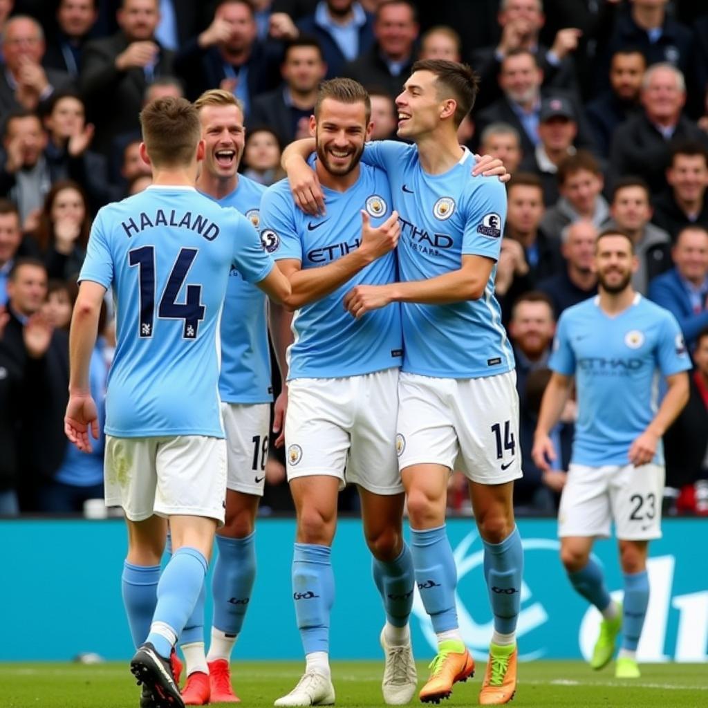 Haaland celebrating a goal with his Manchester City teammates