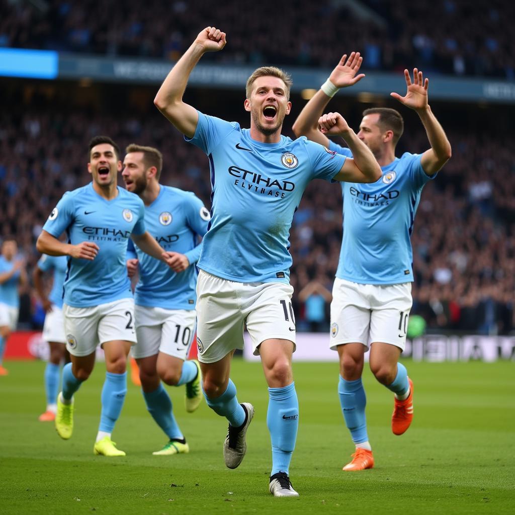 Haaland celebrating a goal in a previous Manchester City game, demonstrating his passion and goal-scoring prowess