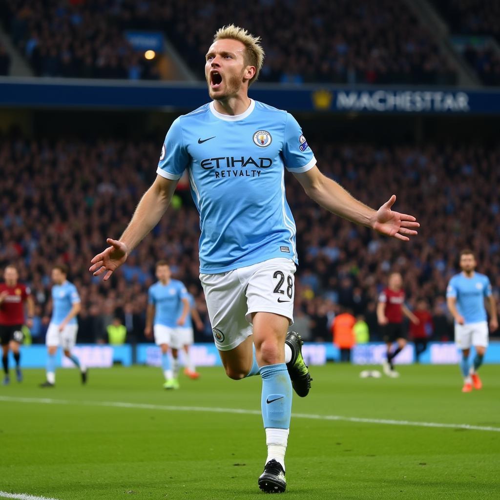 Erling Haaland celebrates a goal for Manchester City at the Etihad Stadium