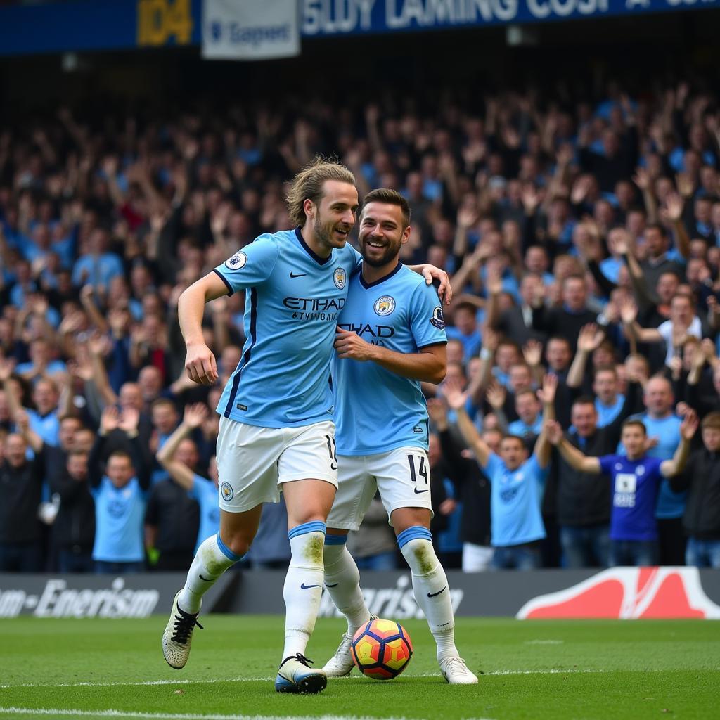 Haaland celebrates a goal with Manchester City fans