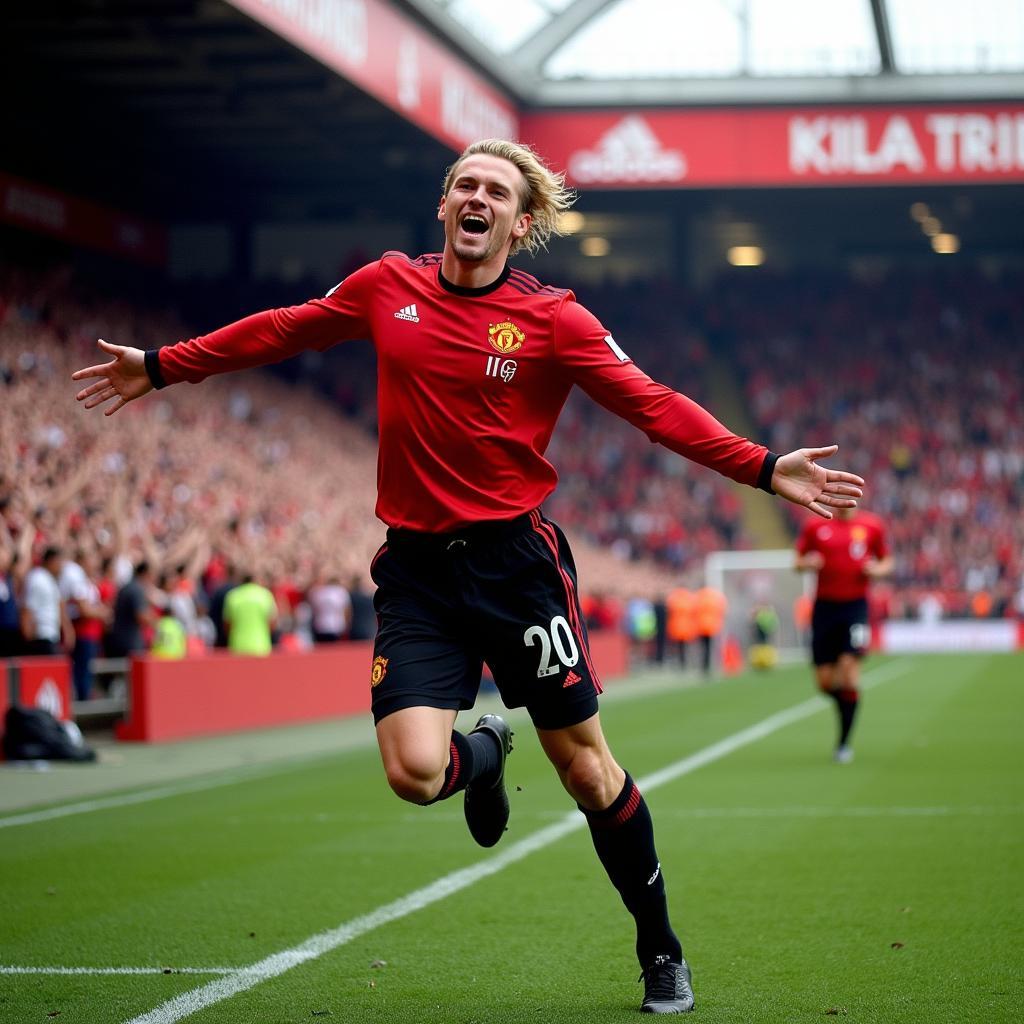 Haaland Celebrating a Goal at a Packed Old Trafford - A Dream for Many