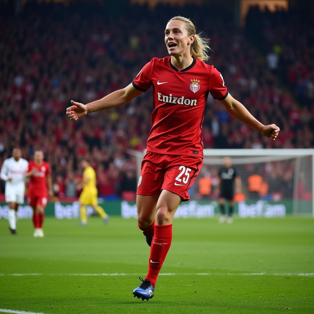 Haaland celebrating a goal against Sevilla with fans in the background