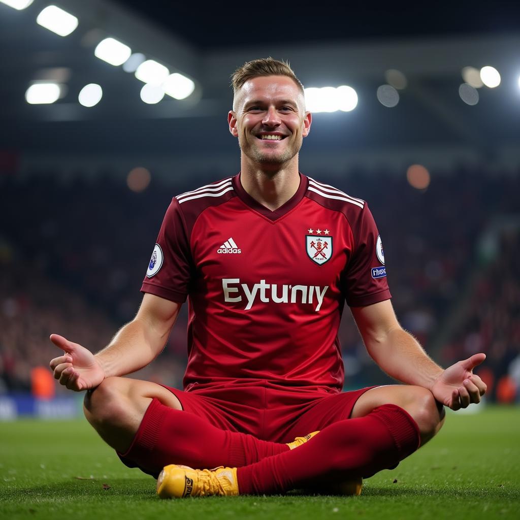 Haaland celebrates a goal against West Ham with his signature meditation pose