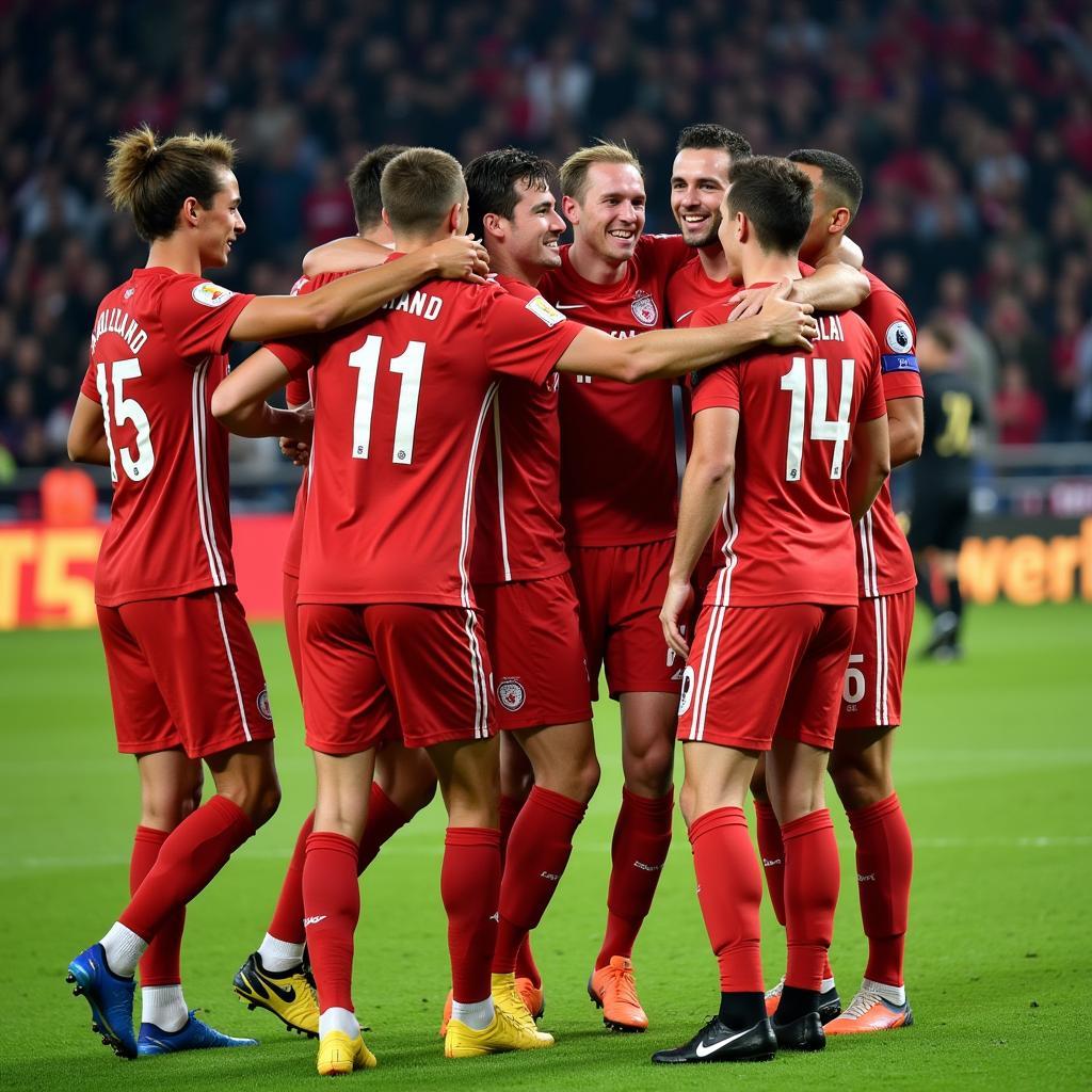 Haaland celebrating a goal with Manchester City teammates