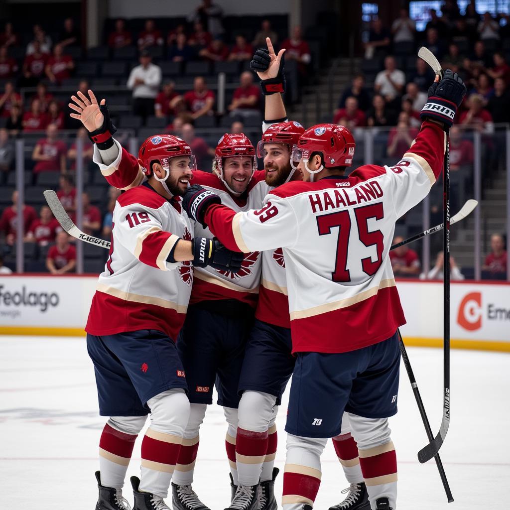 Erling Haaland celebrating a goal with his teammates