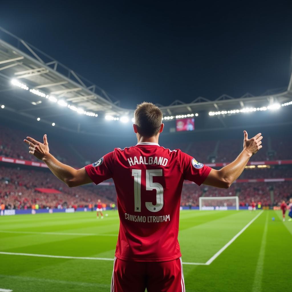 Haaland celebrating a goal in the Allianz Arena