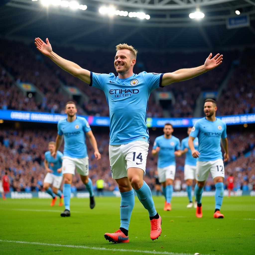 Erling Haaland celebrates a goal in his Manchester City kit