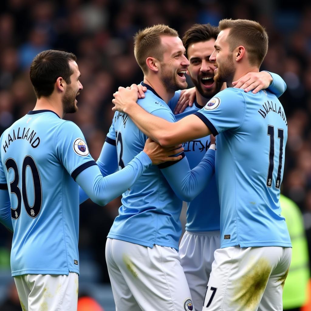 Erling Haaland Celebrating with Manchester City Teammates