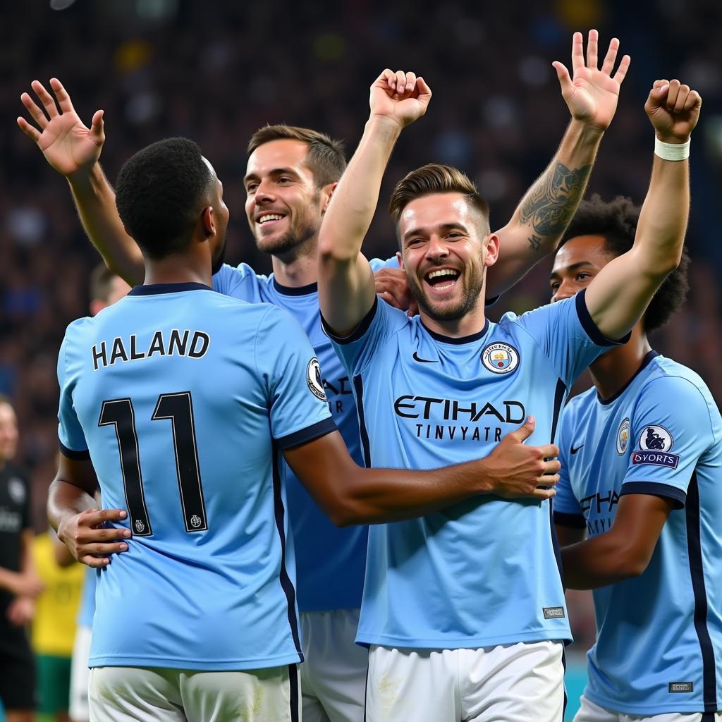 Erling Haaland celebrating a victory with his Man City teammates