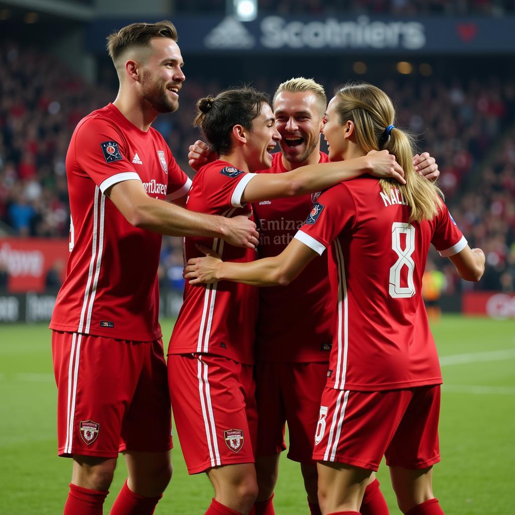 Haaland celebrates with teammates after scoring in 2023