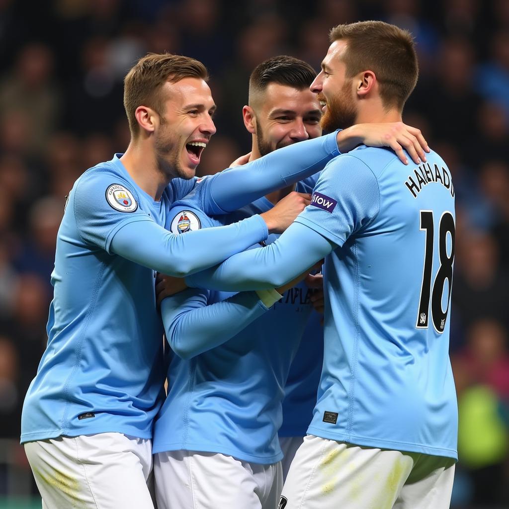 Haaland celebrating with his Manchester City teammates