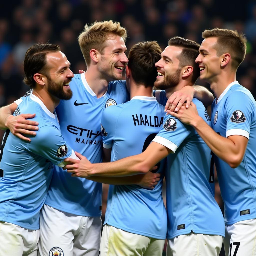 Haaland Celebrating with Manchester City Teammates