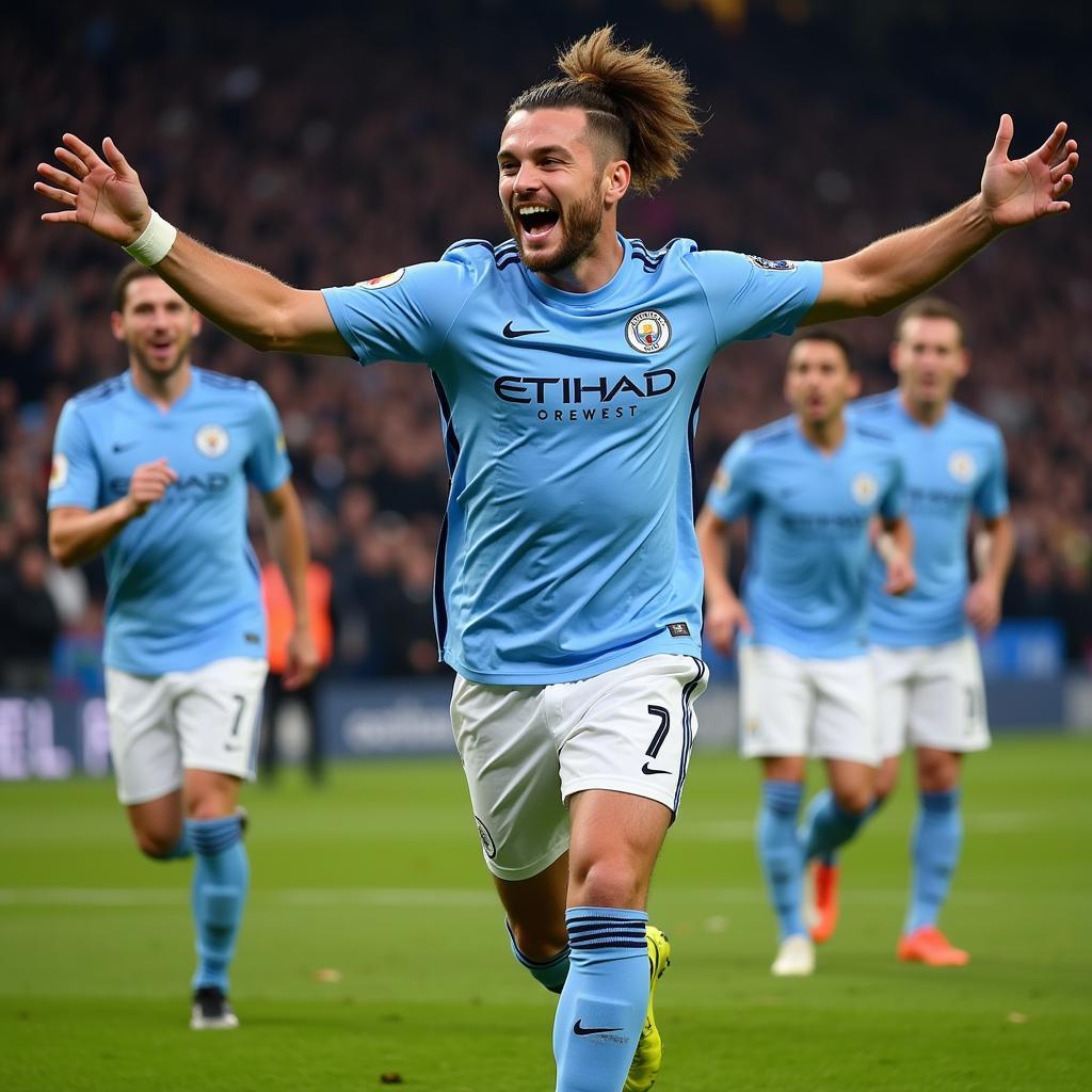 Erling Haaland Celebrates a Goal with Manchester City