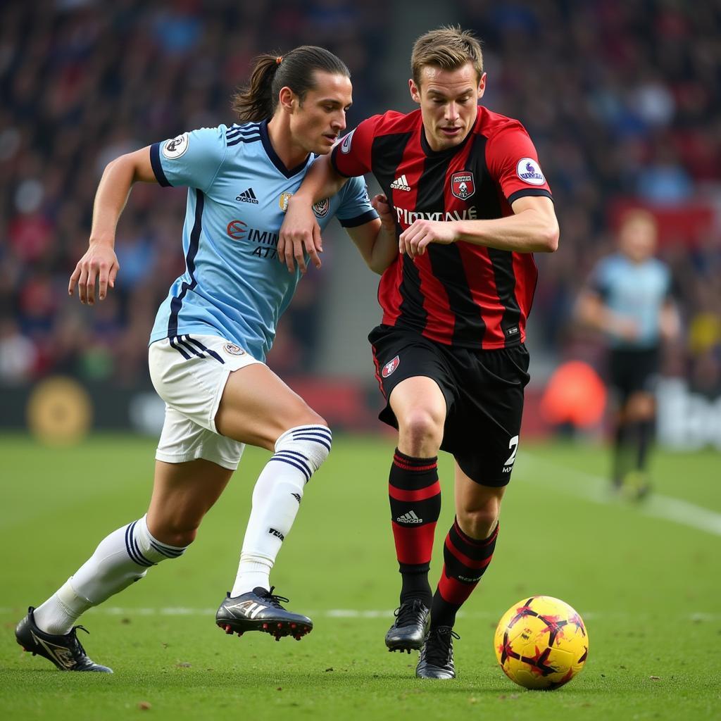 Erling Haaland challenges a defender for the ball.