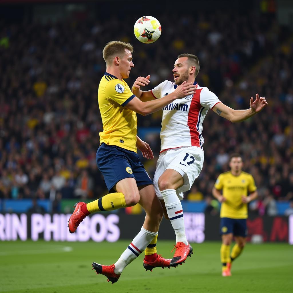 Haaland challenging a defender in an aerial duel