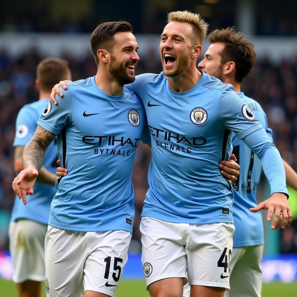 Erling Haaland celebrating a Champions League goal with his Manchester City teammates