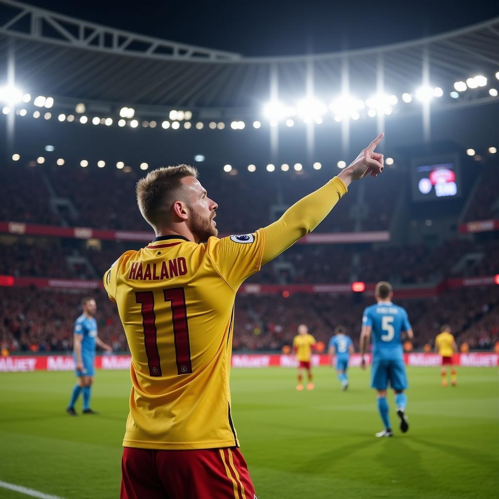 Haaland celebrating his five goals against RB Leipzig