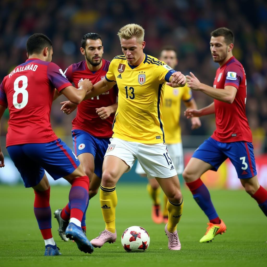 Erling Haaland Facing Pressure from Defenders in a Champions League Match